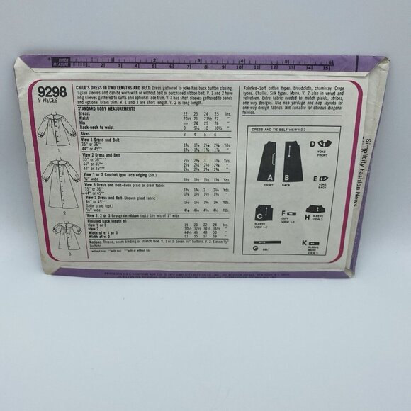 Simplicity 9298 Child Dress Two Lengths and Belt Size 3 Vintage Uncut 1979 - Picture 3 of 6